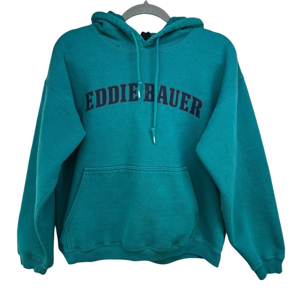 VTG Teal Hoodie Mens Small Eddie Bauer 90s Fleece Pullover Sweatshirt *Flaws*